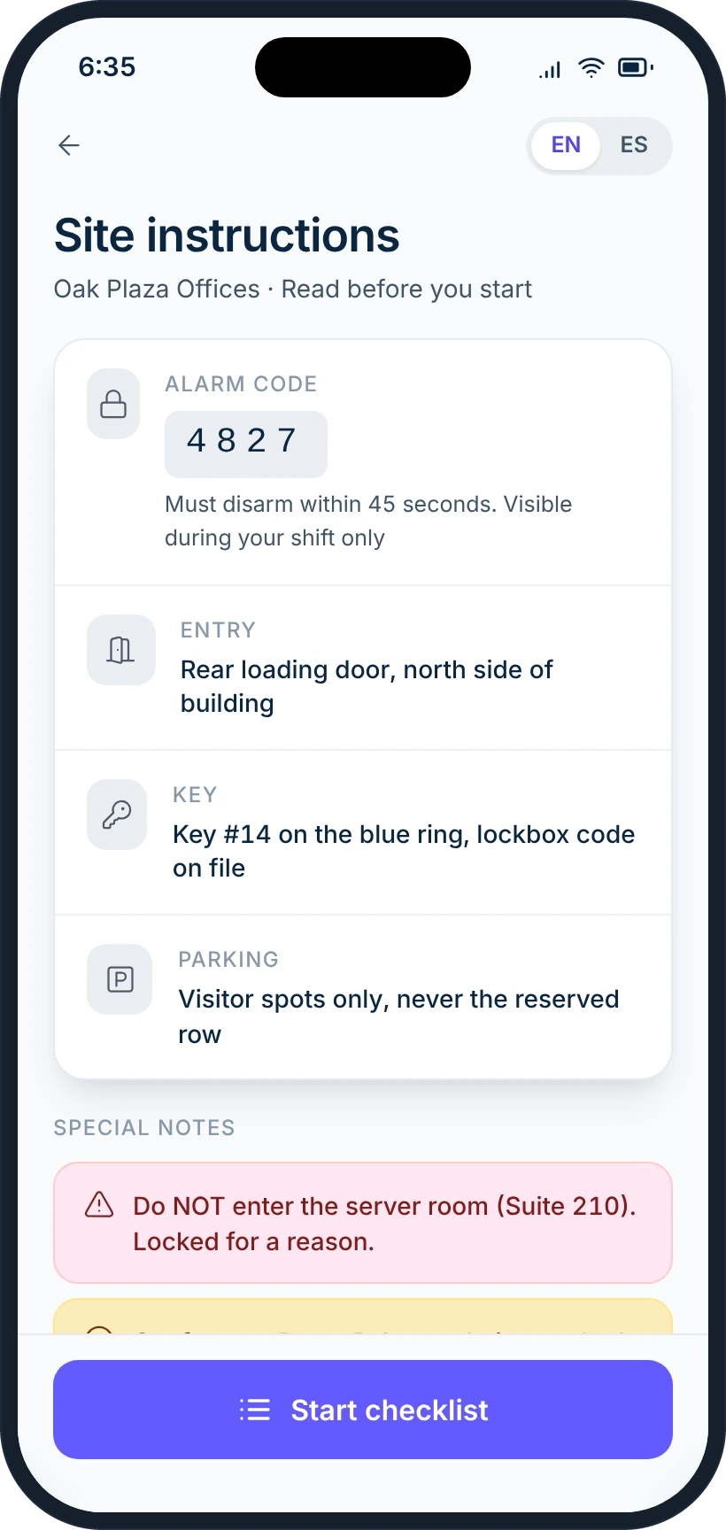 Site instructions: alarm code, entry door, key and parking notes, plus a special note about the server room.