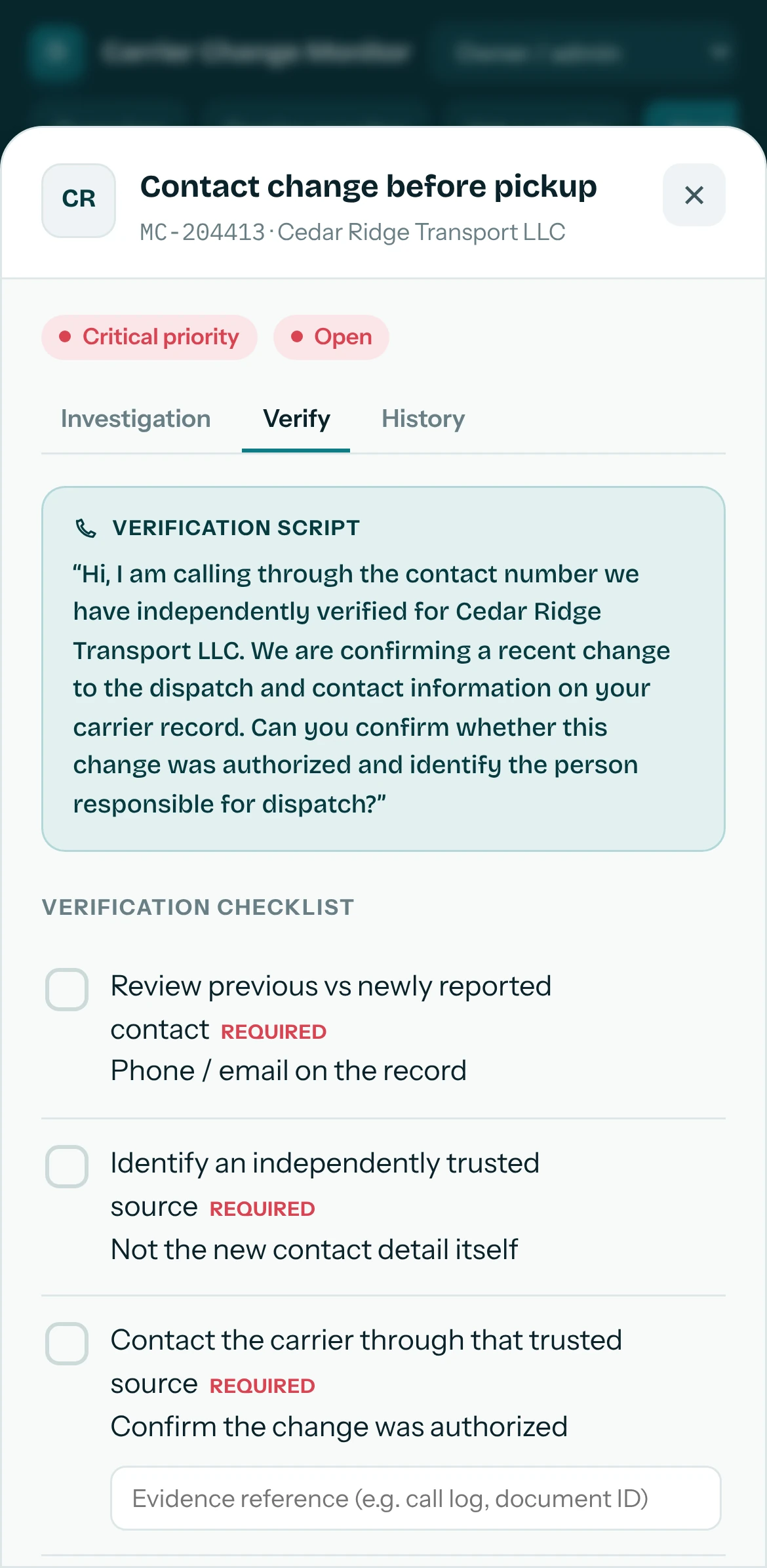 Verification script and required checklist on a phone