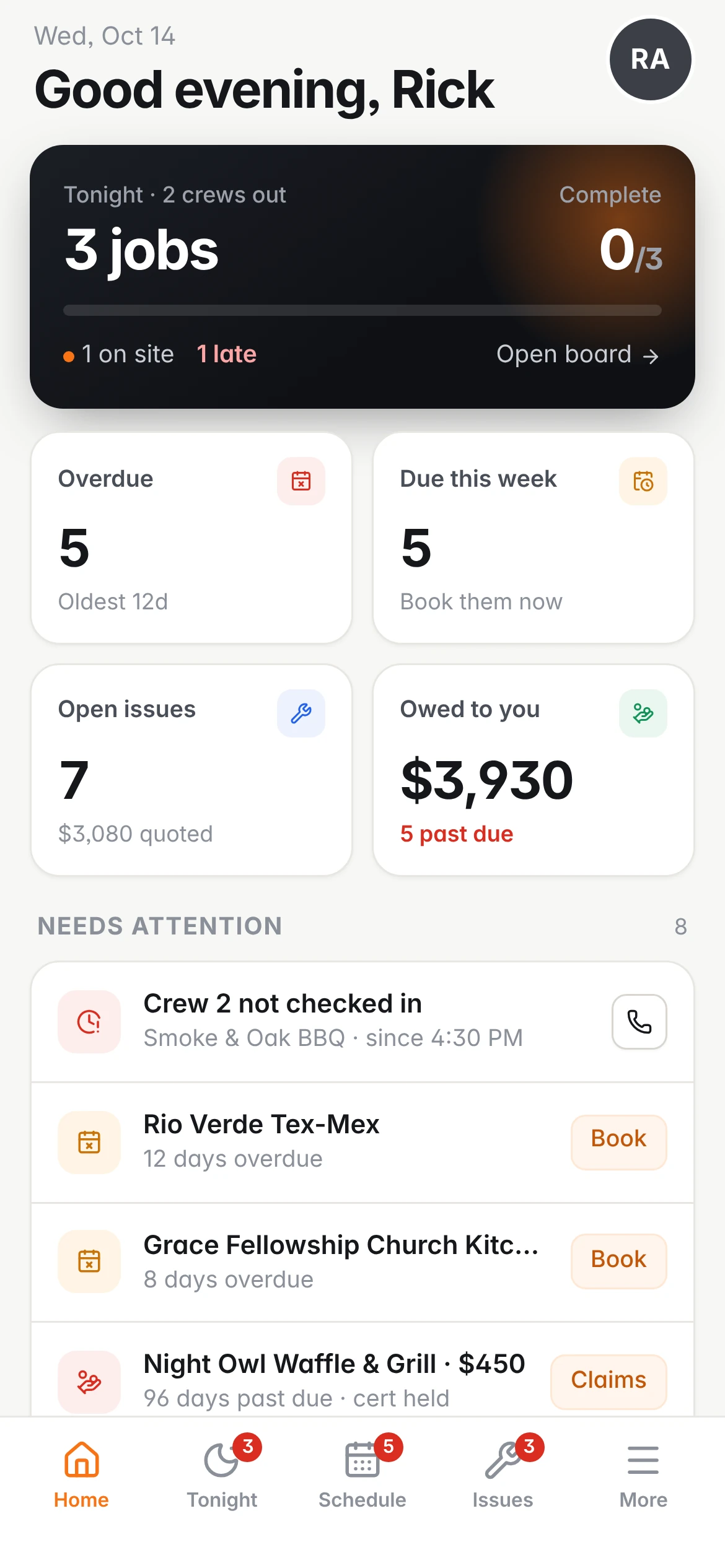 HoodOps owner phone app home screen showing tonight's jobs and money owed