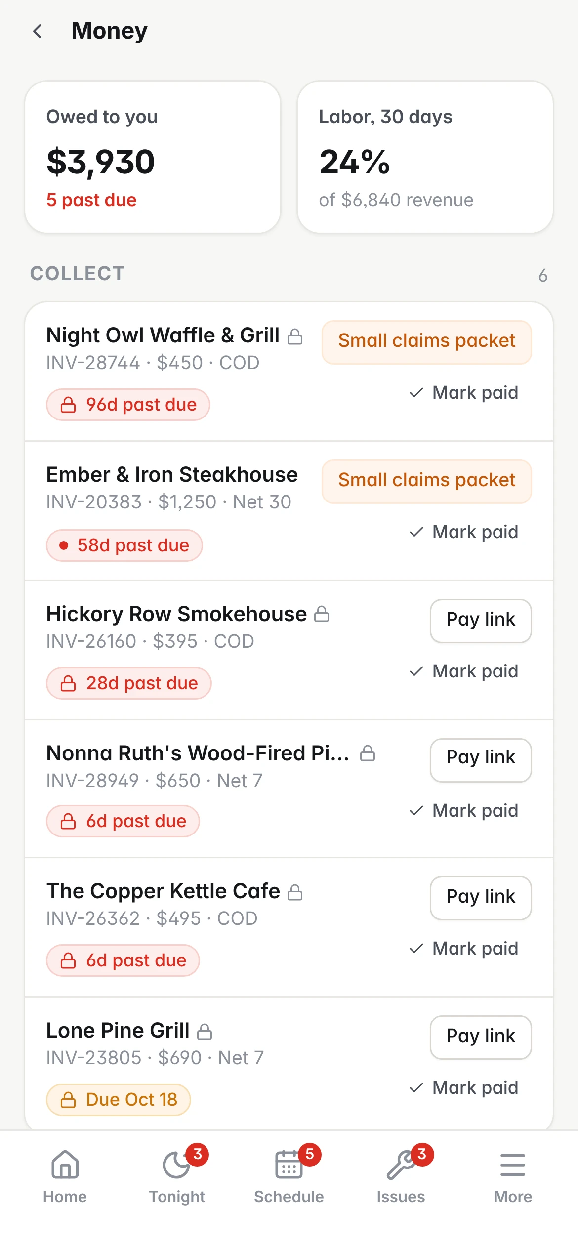 Owner phone: money owed and invoices to collect
