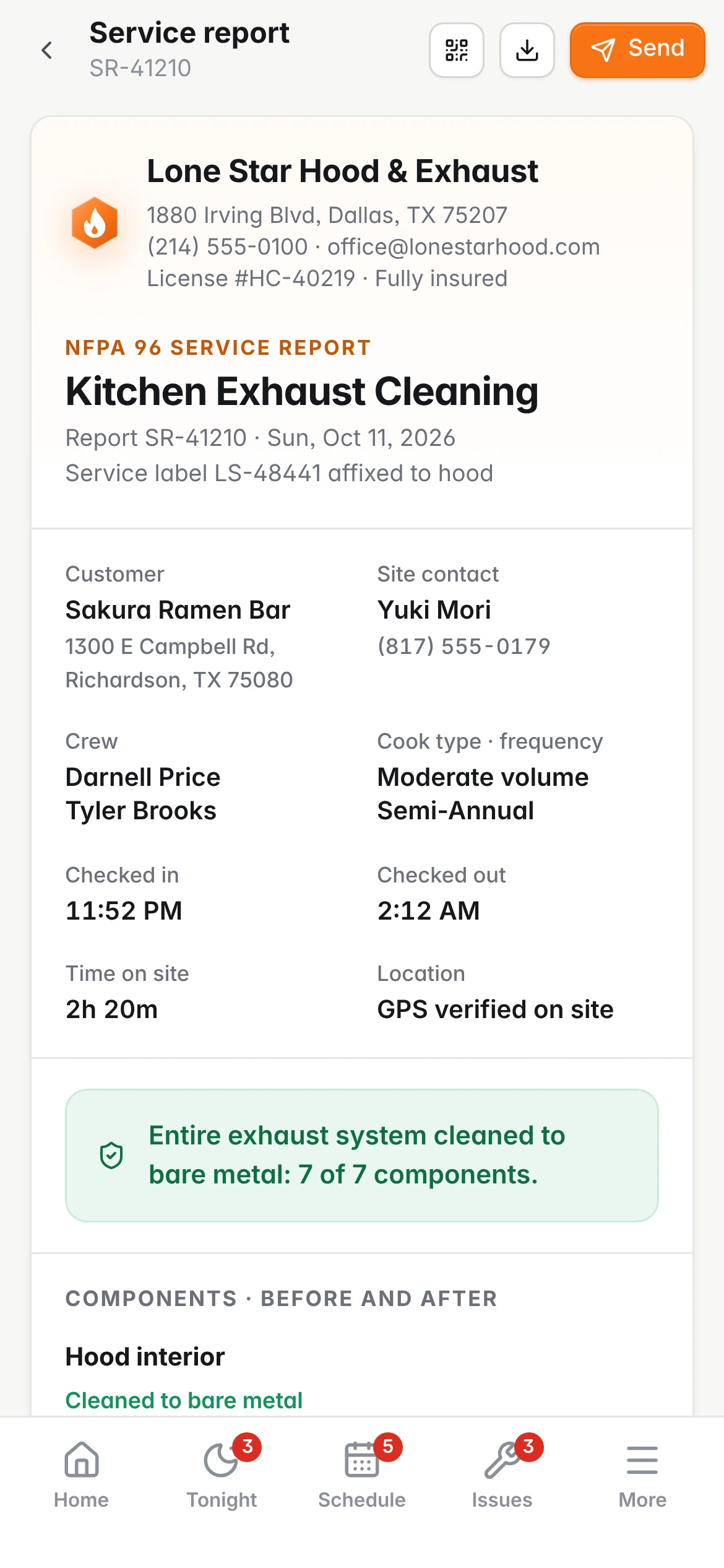 Owner phone: NFPA 96 service report