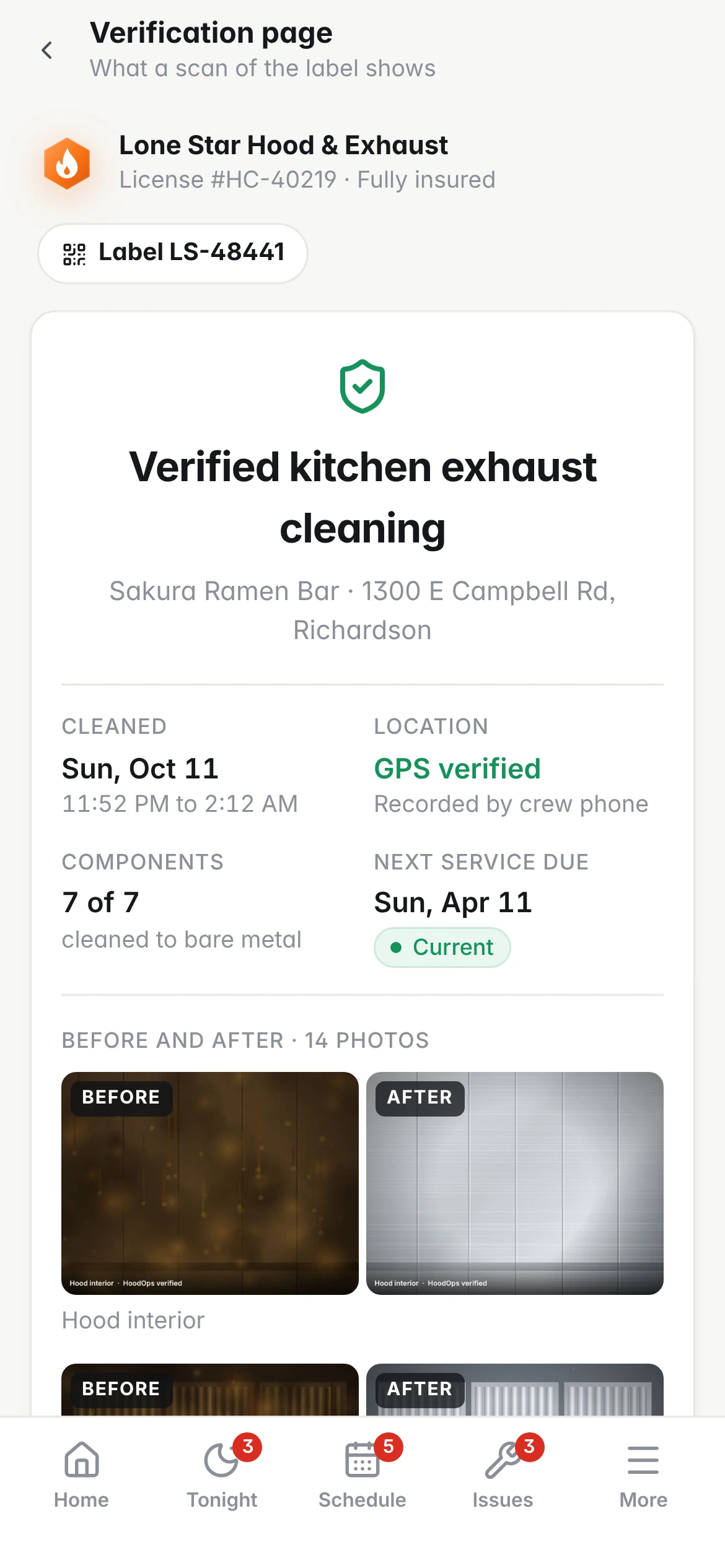 Verification page after scanning the label: verified kitchen exhaust cleaning, GPS verified, 7 of 7 components, next service due